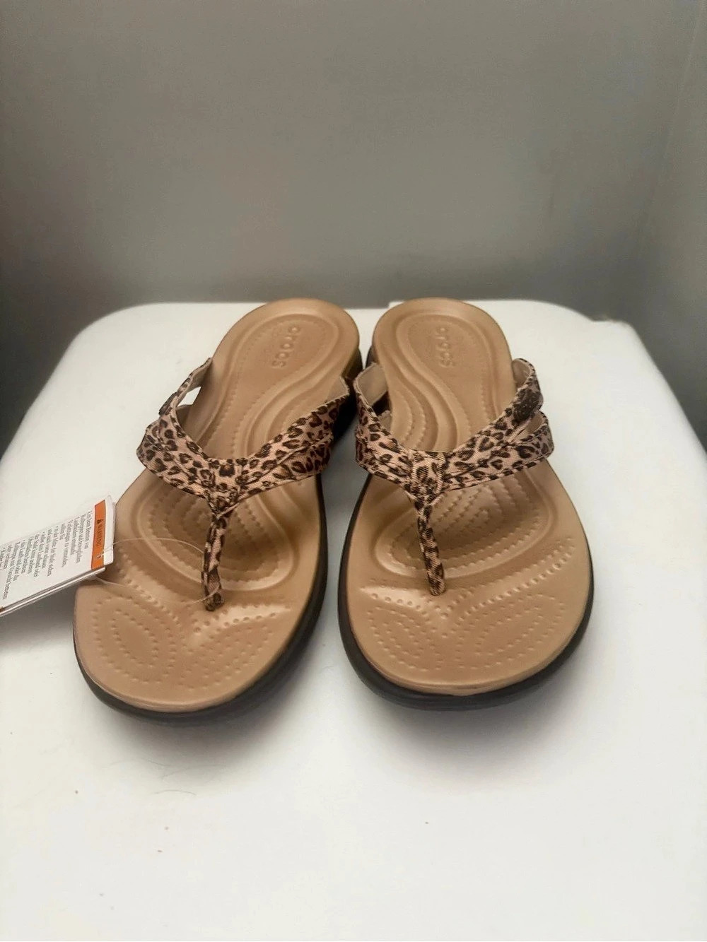 Crocs Capri Leopard Print Strappy Flip Flop Sandals